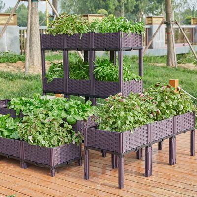 Cama de jardín elevada de plástico con maceta apilable rectangular para exteriores